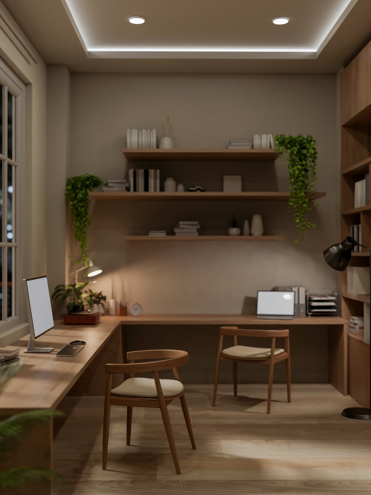 Cozy L-shaped corner desk setup with computer, shelves, and warm lighting
