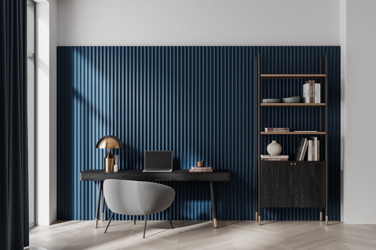Contemporary home office desk with wooden furniture and decor