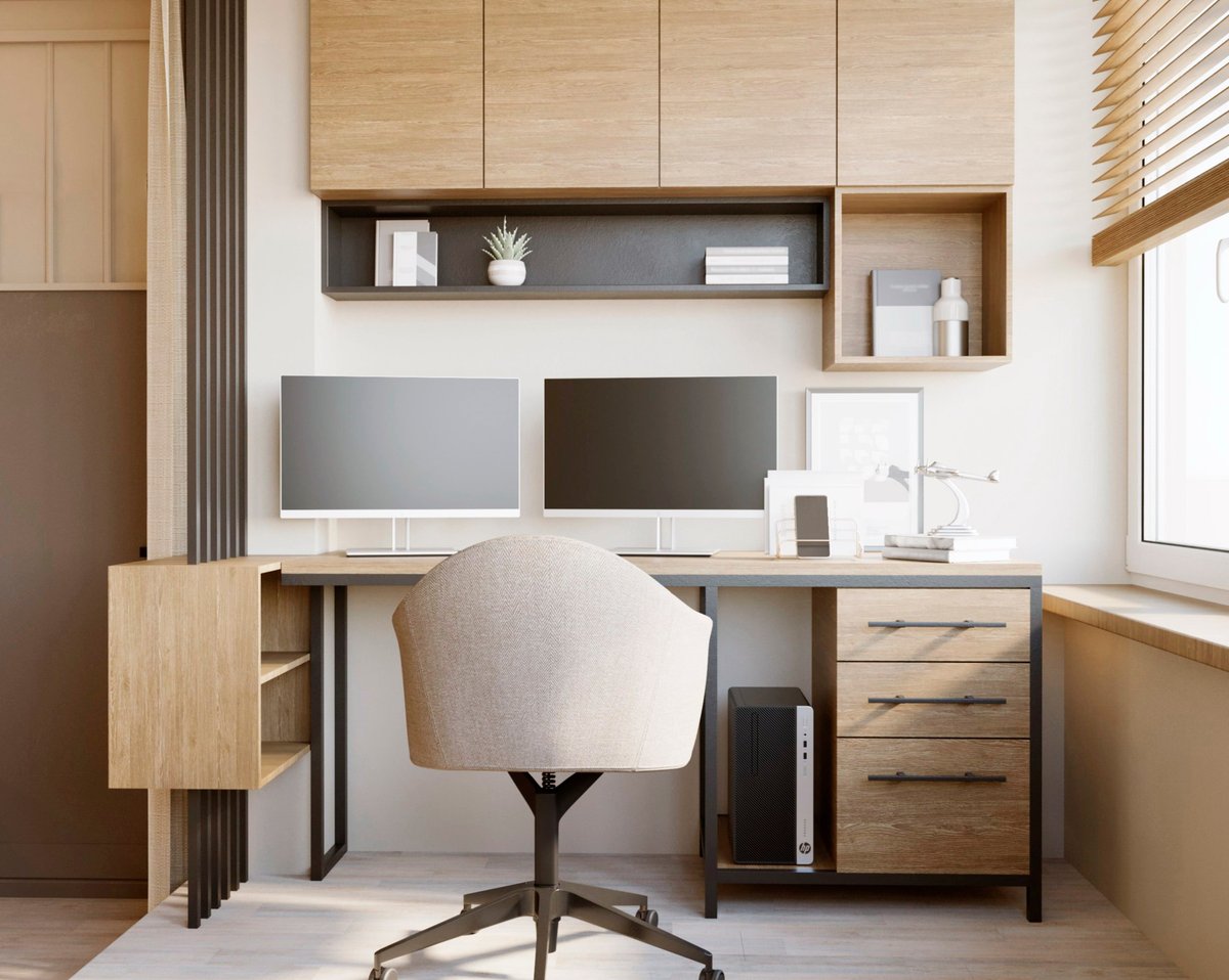 Small home office desk by window with shelves and monitor, compact setup